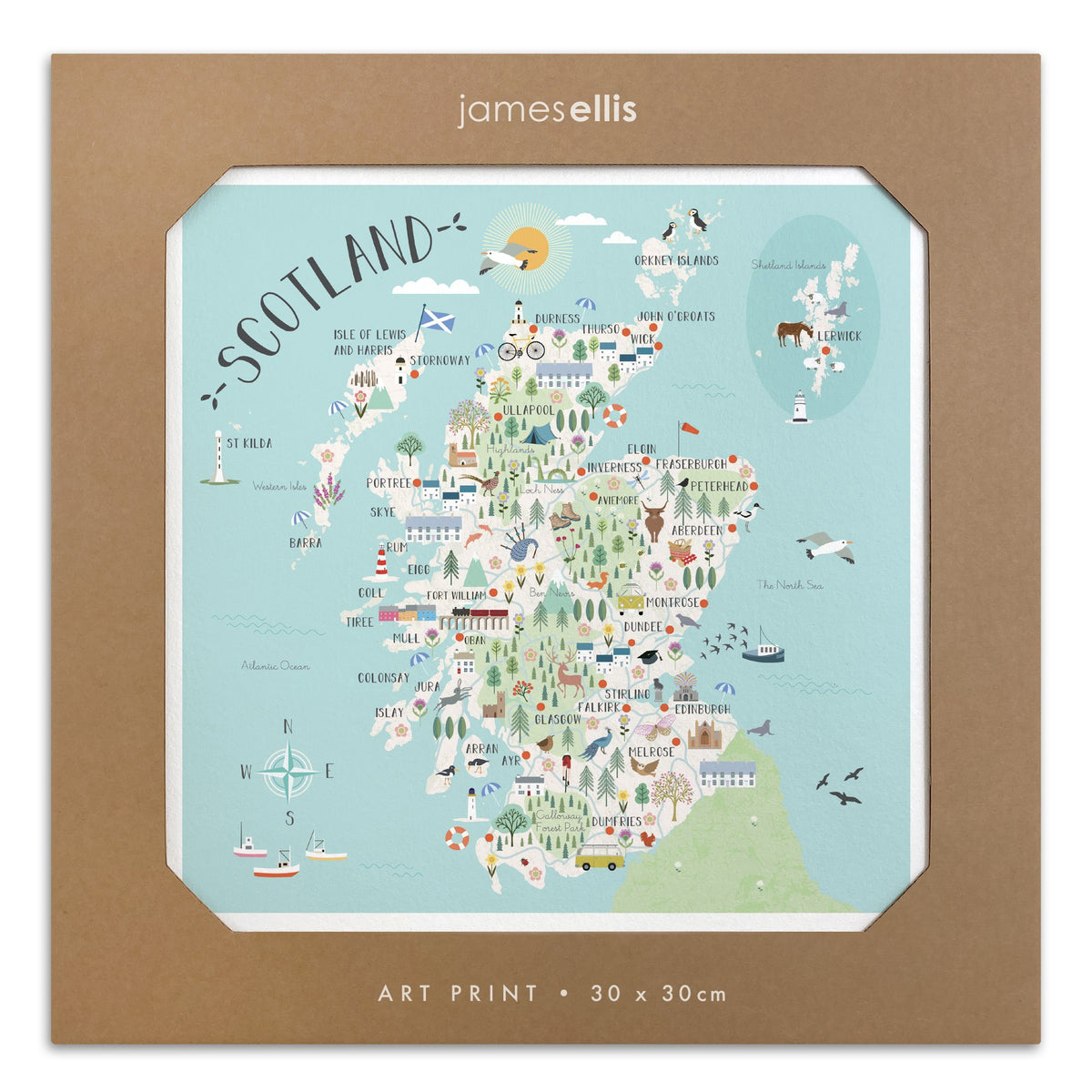 Map of Scotland art print: illustrated map of Scotland with castles, wildlife and cities on a blue sea