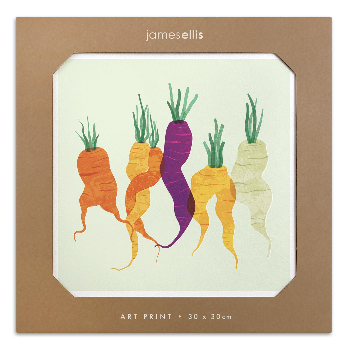 Carrots art print: orange, yellow, purple and white heritage carrots on pale green