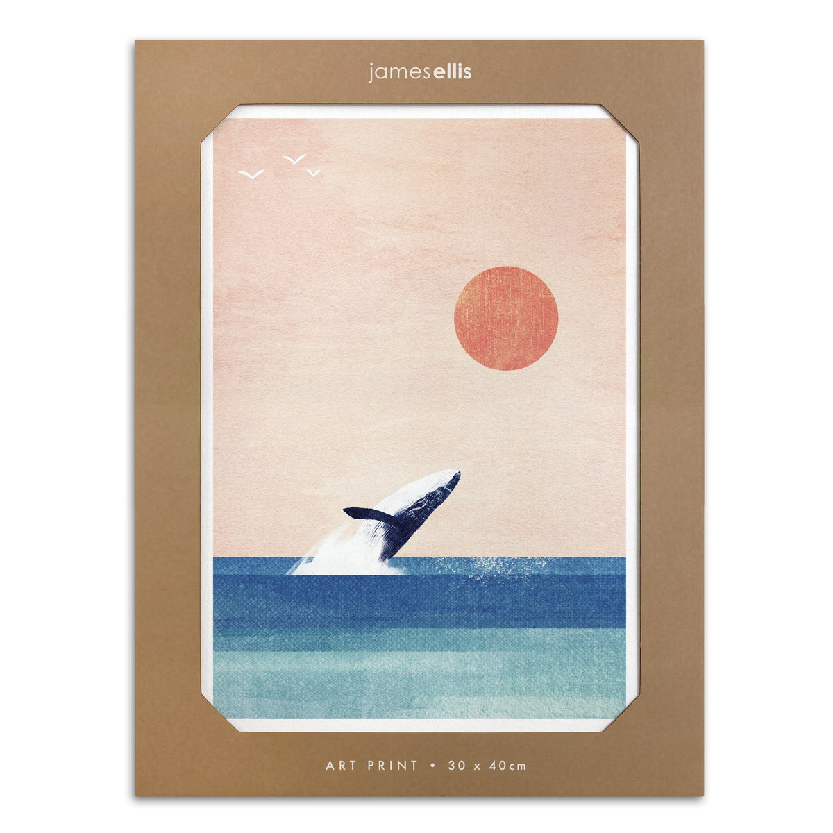 Breaching Whale art print: a humpback whale breaching from a blue sea under a peach sky and red sun