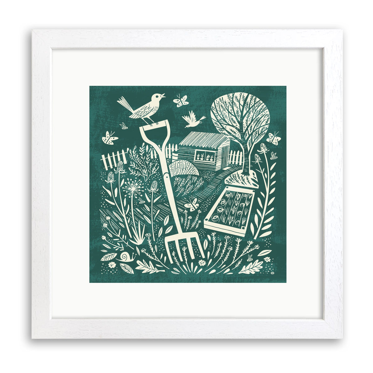 White wood framed print of a cream linocut-style garden fork, robin, shed and plants on deep green