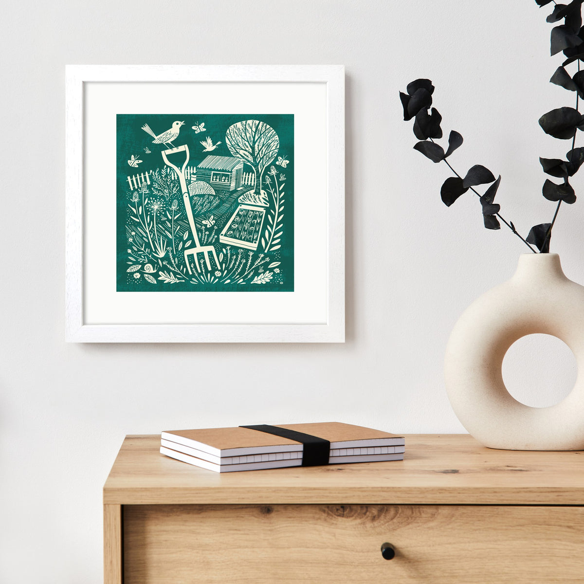 Framed Garden Fork Art Print – 30 x 30 cm White Wood Frame – view 2
