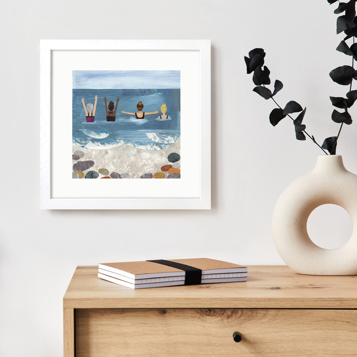 Framed Wild Sea Swimmers Art Print – 30 x 30 cm White Wood Frame – view 2