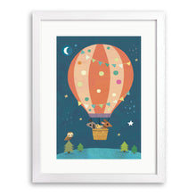 White wood framed print of dog, bird and fox in a spotty hot-air balloon under a starry night sky