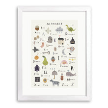 White wood framed print of illustrated alphabet with pictures from Acorn to Zebra