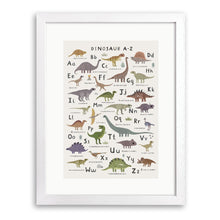 White wood framed print of dinosaur alphabet with named dinosaurs from A to Z
