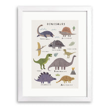 White wood framed print of labelled dinosaurs including T-Rex, Triceratops and Stegosaurus