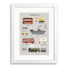 White wood framed print of labelled vehicles including a bus, digger, fire engine and steam train
