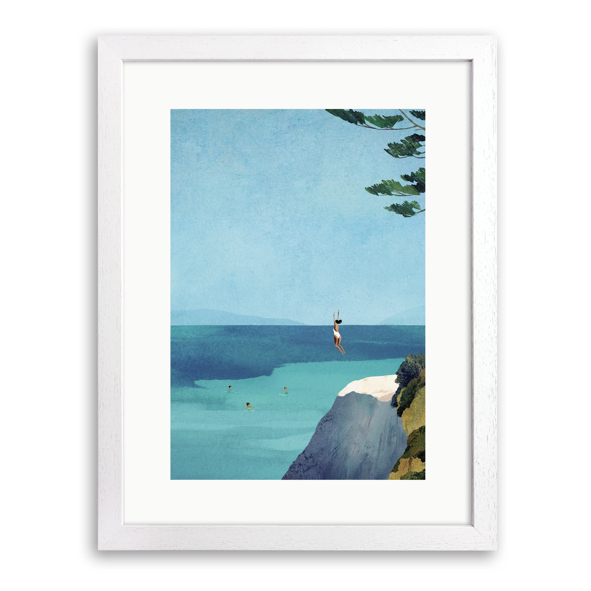 White wood framed print of a swimmer leaping from a rocky cliff into a turquoise sea with swimmers below