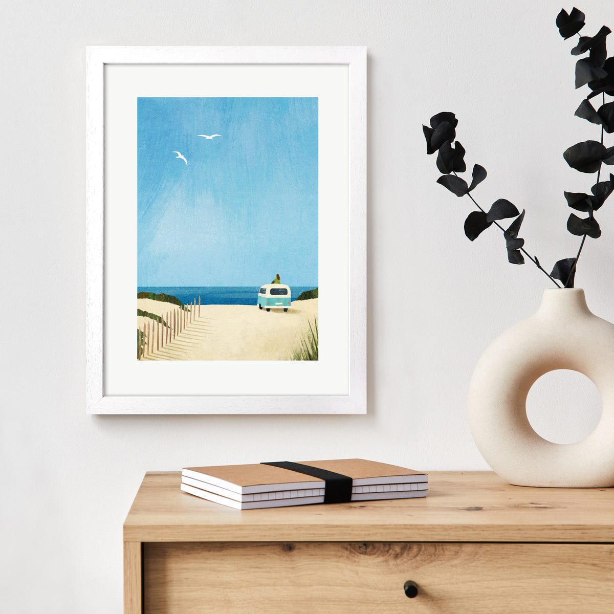 Framed Campervan View Art Print – 30 x 40 cm White Wood Frame – view 2