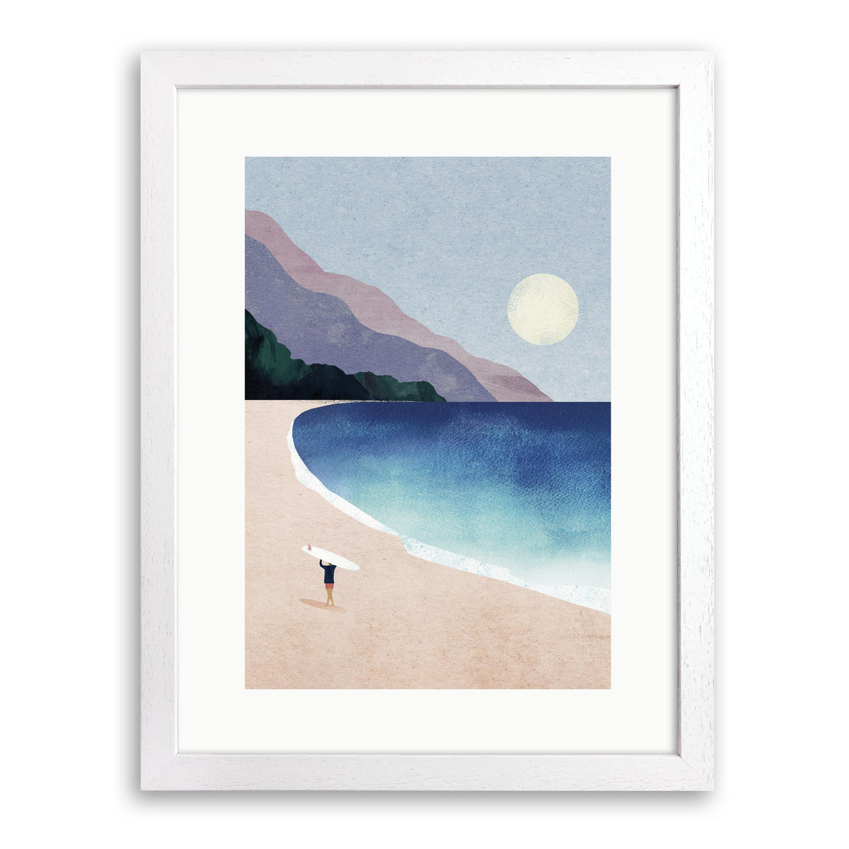 White wood framed print of a surfer carrying a board on a pink beach by a blue bay under a pale moon