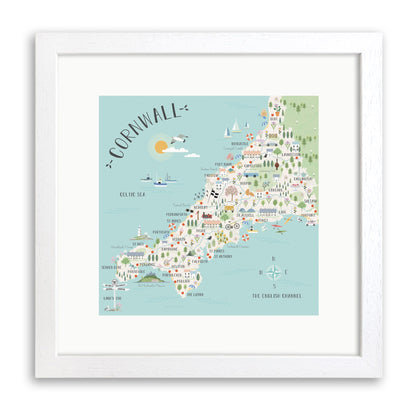 White wood framed print of illustrated map of Cornwall with towns, beaches and landmarks on a blue sea