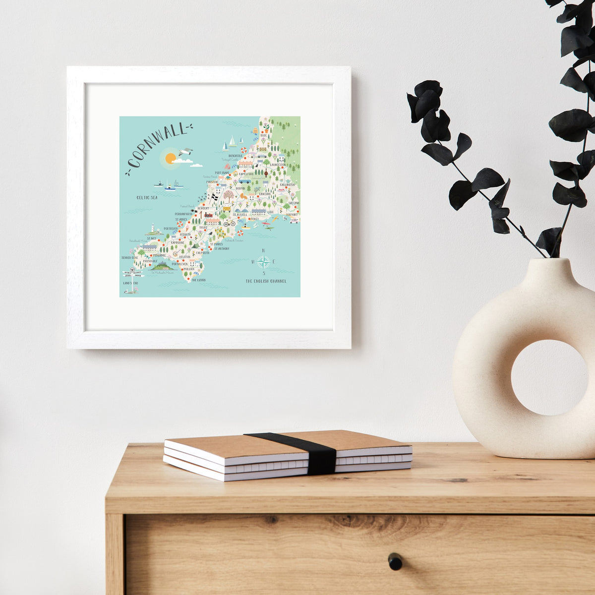 Framed Map of Cornwall Art Print – 30 x 30 cm White Wood Frame – view 2