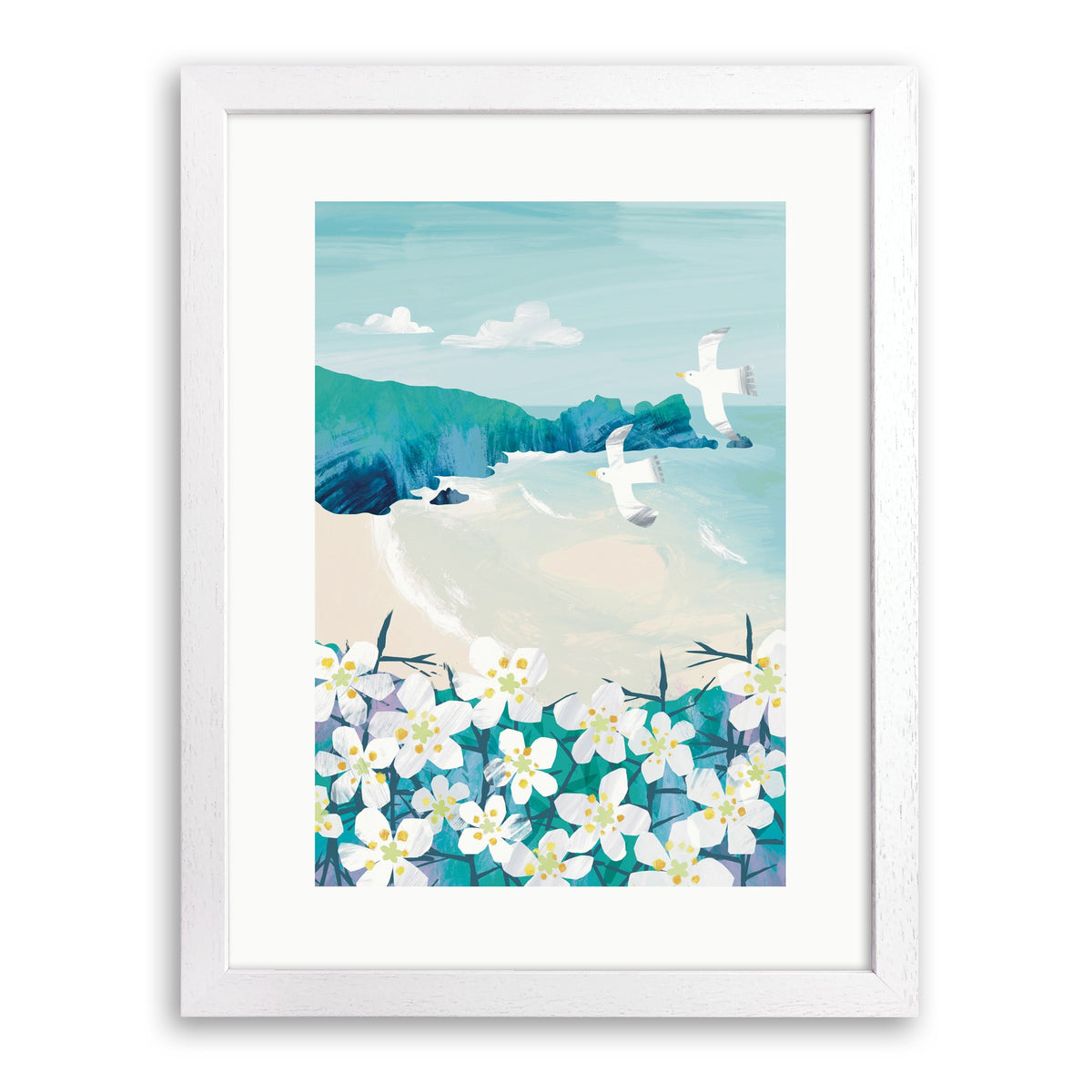 White wood framed print of white blackthorn blossom above a turquoise Cornish bay with two gulls