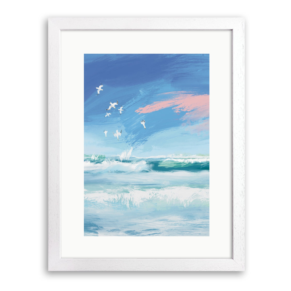 White wood framed print of white gannets diving into rolling surf under a blue and pink sky