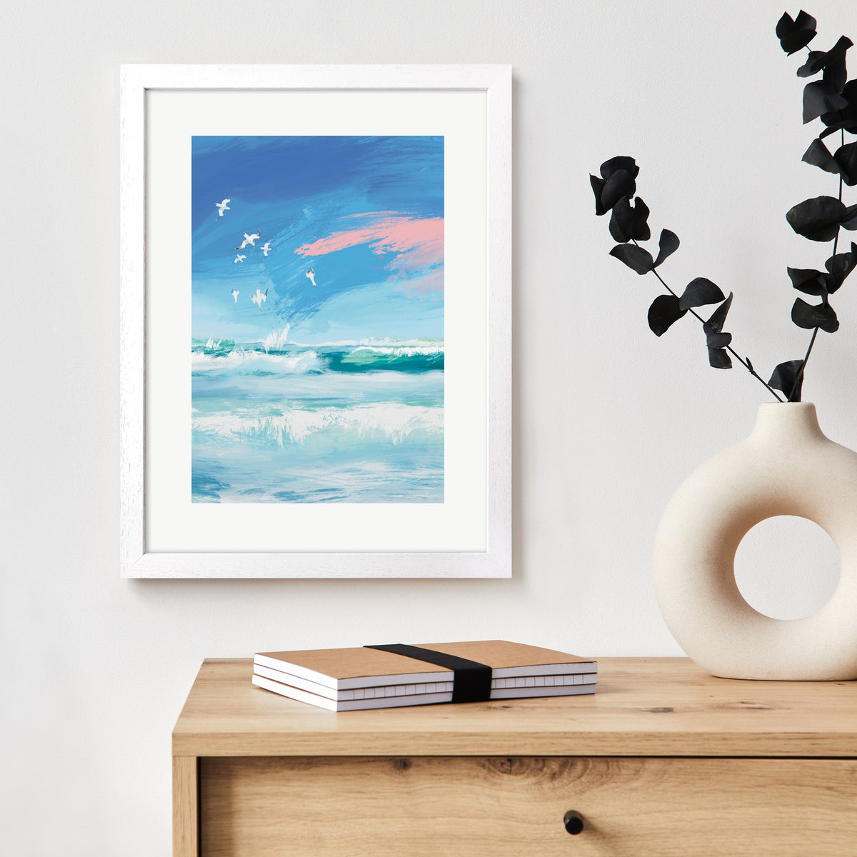 Framed Diving Gannets Art Print – 30 x 40 cm White Wood Frame – view 2