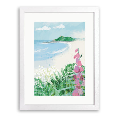 White wood framed print of pink foxgloves and ferns above Porthmeor beach and a green headland