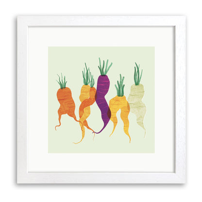 White wood framed print of orange, yellow, purple and white heritage carrots on pale green