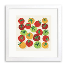 White wood framed print of rows of red, orange and green tomatoes on a cream background