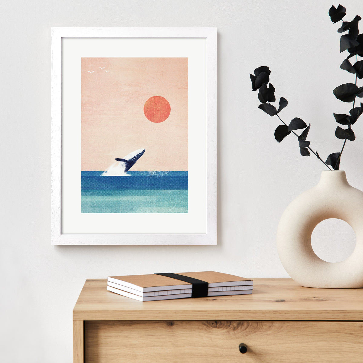 Framed Breaching Whale Art Print – 30 x 40 cm White Wood Frame – view 2