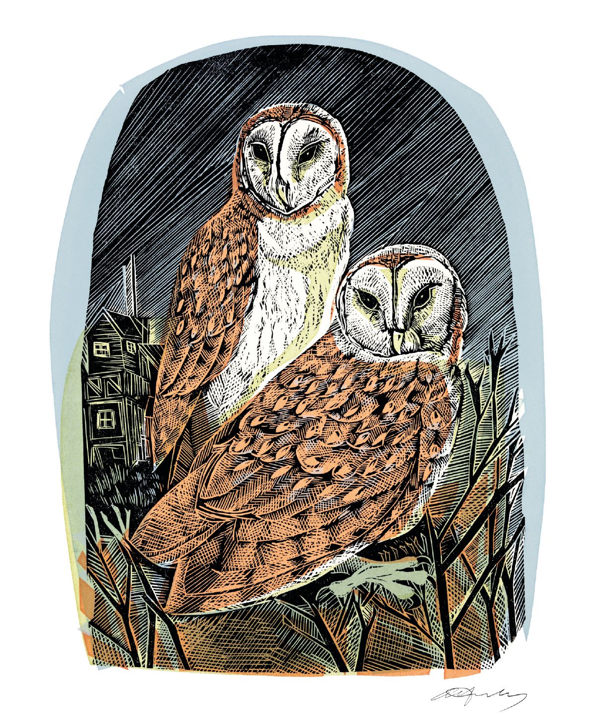 Angela Harding Barn Owls at Orford Art Card