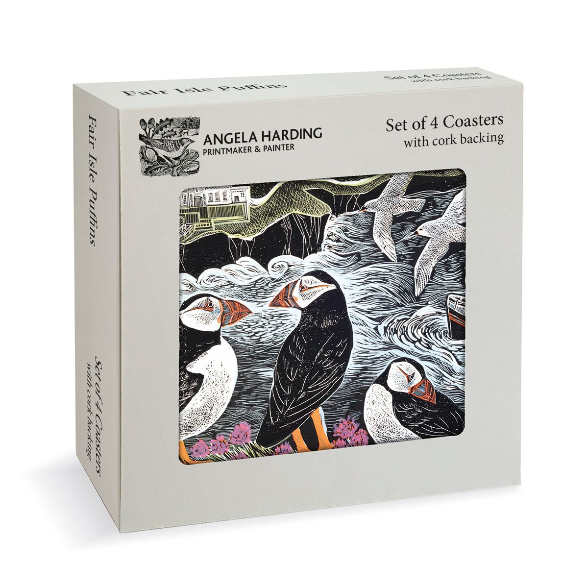 Angela Harding Fair Isle Puffins Cork-Backed Coasters