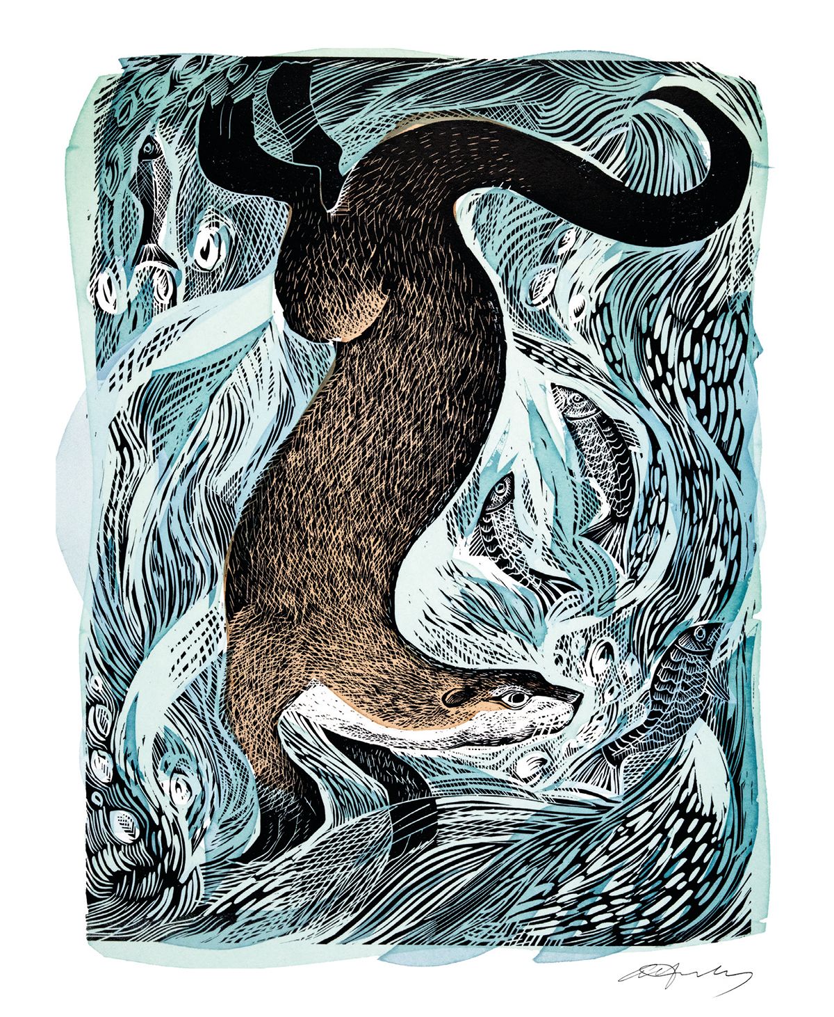 Angela Harding Fishing Otter Art Card