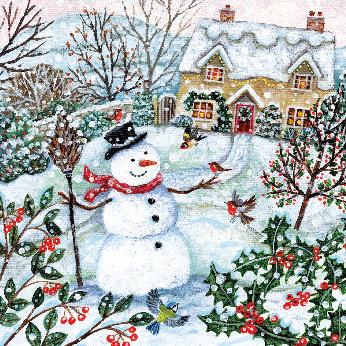 Lucy Grossmith Snowy Cottage Garden with Snowman Christmas Card Pack