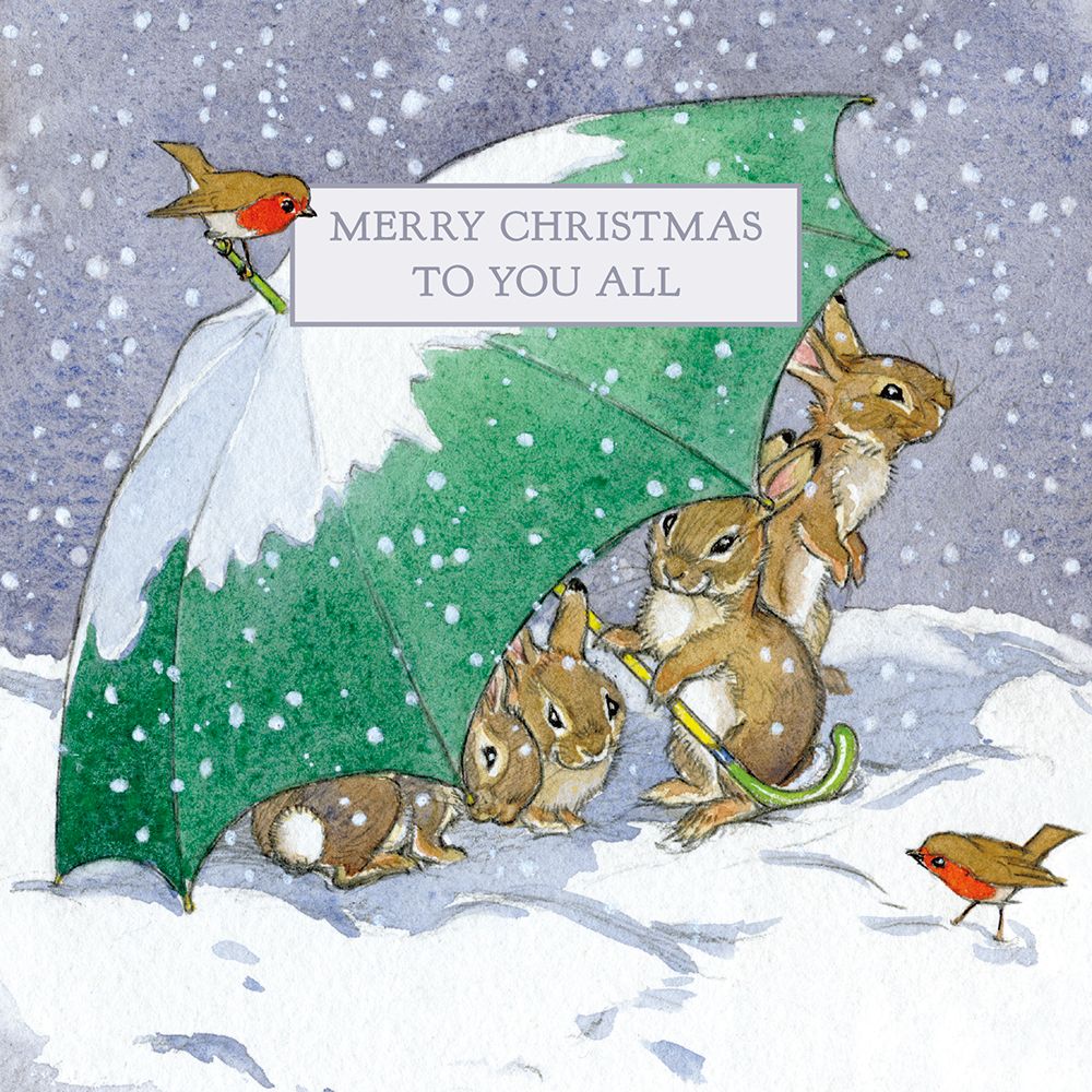 Molly Brett Rabbits Sheltering under Umbrella Christmas Card