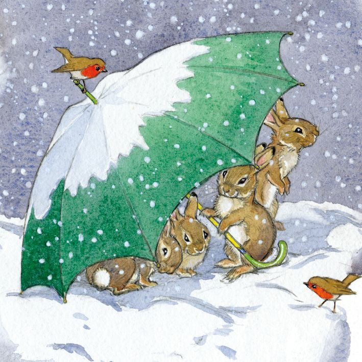 Molly Brett Rabbits Sheltering under Umbrella Christmas Card Pack