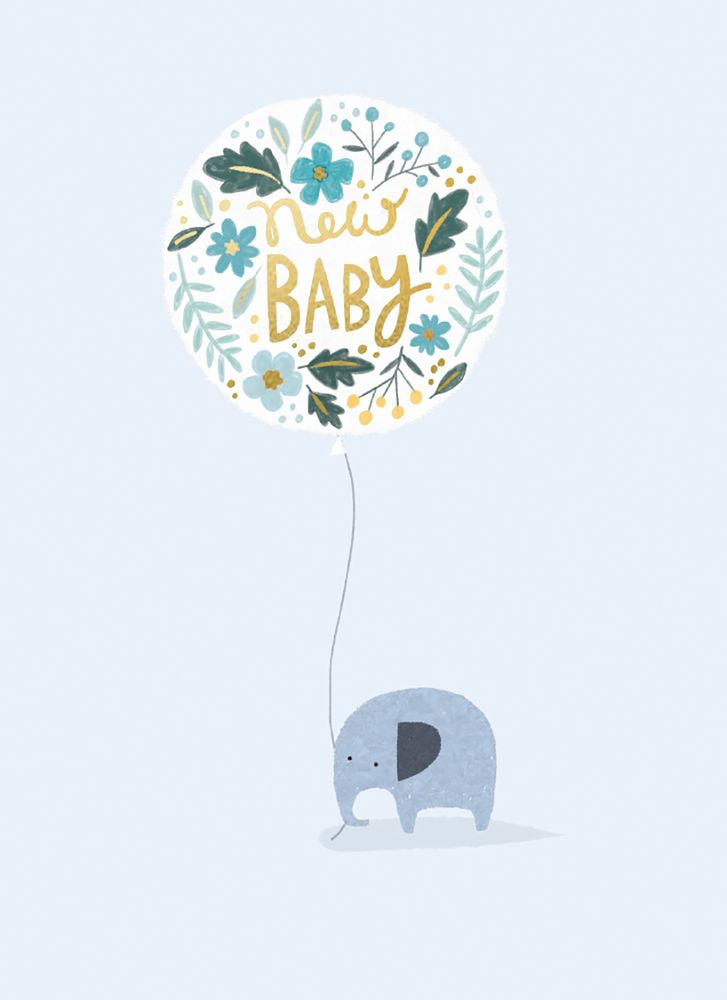 Charlotte Pepper Blue Baby Elephant with Balloon New Baby Card