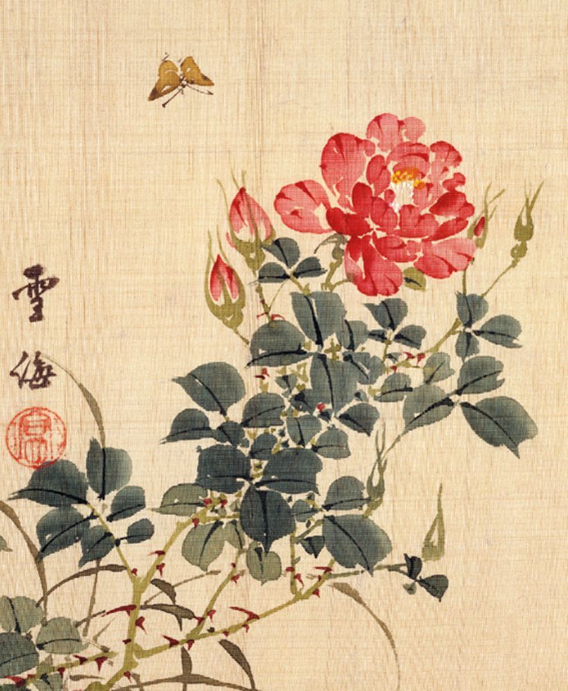 Attributed To Sekkwai Rose and Butterfly Art Card