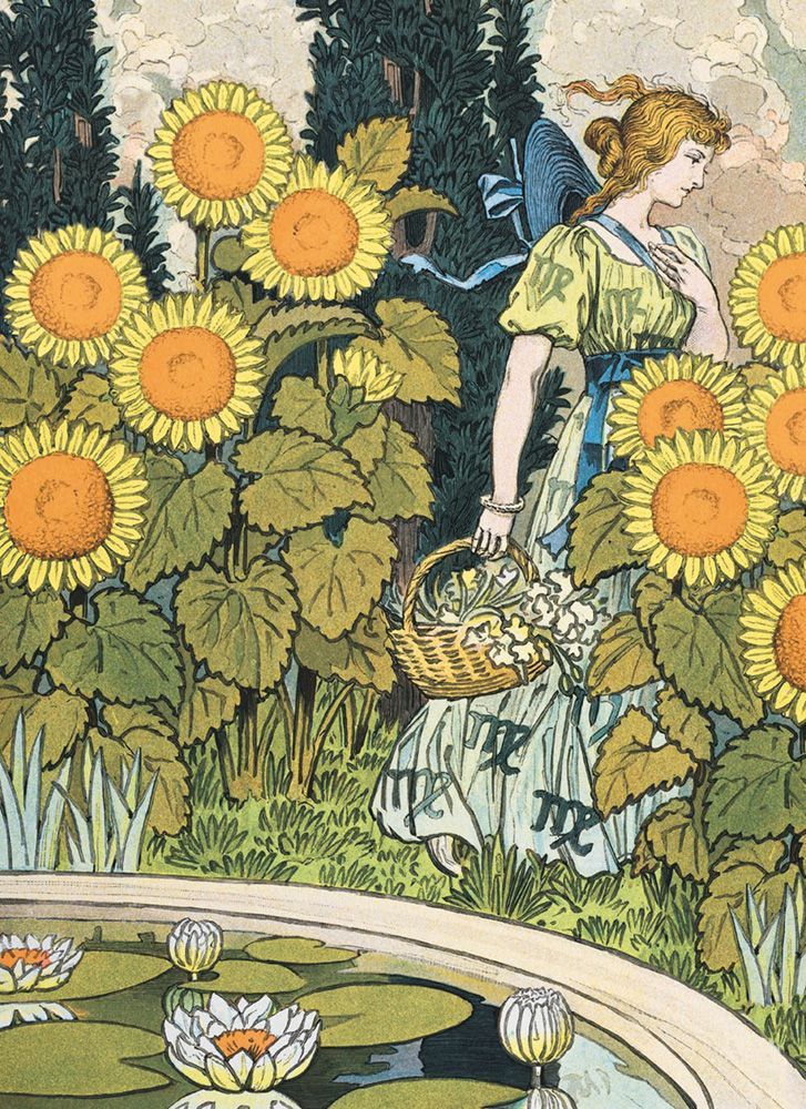 Eugène Grasset August Lady and Sunflowers Art Card