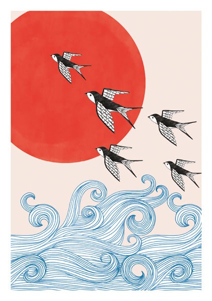 Swallows & Red Sun Sakura Heights Card