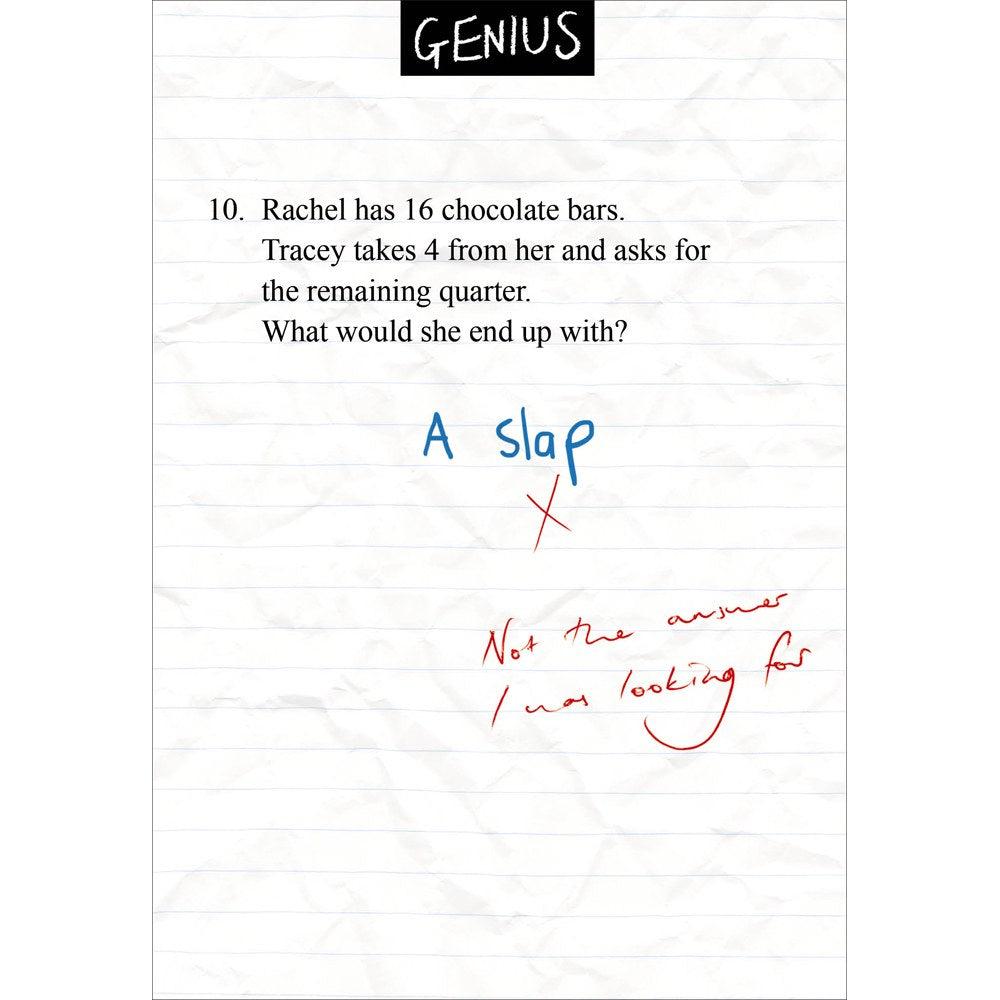 Genius exam paper card – chocolate bars maths question answered 'A slap'
