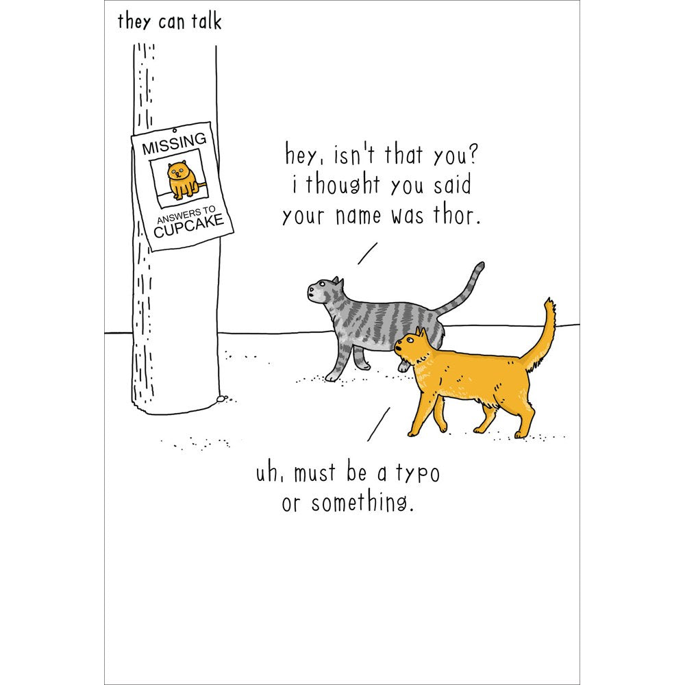 They Can Talk cat card – ginger cat and tabby beside a missing cat poster