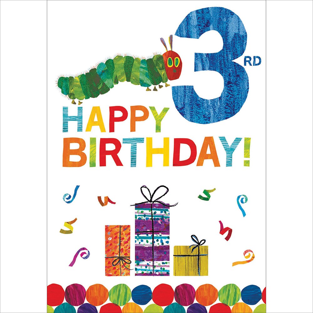 3rd birthday card – collage caterpillar on a blue number 3 with presents