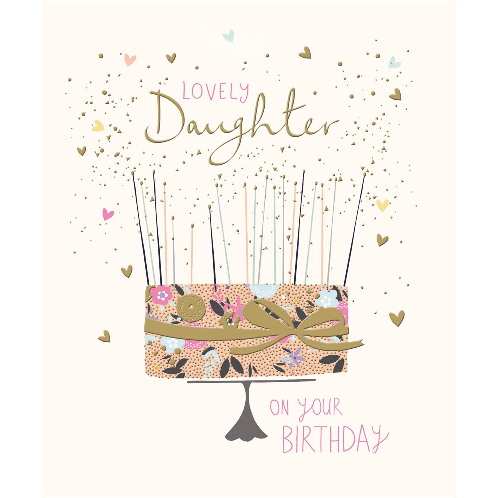 Lovely Daughter birthday card – floral cake with tall candles and gold details