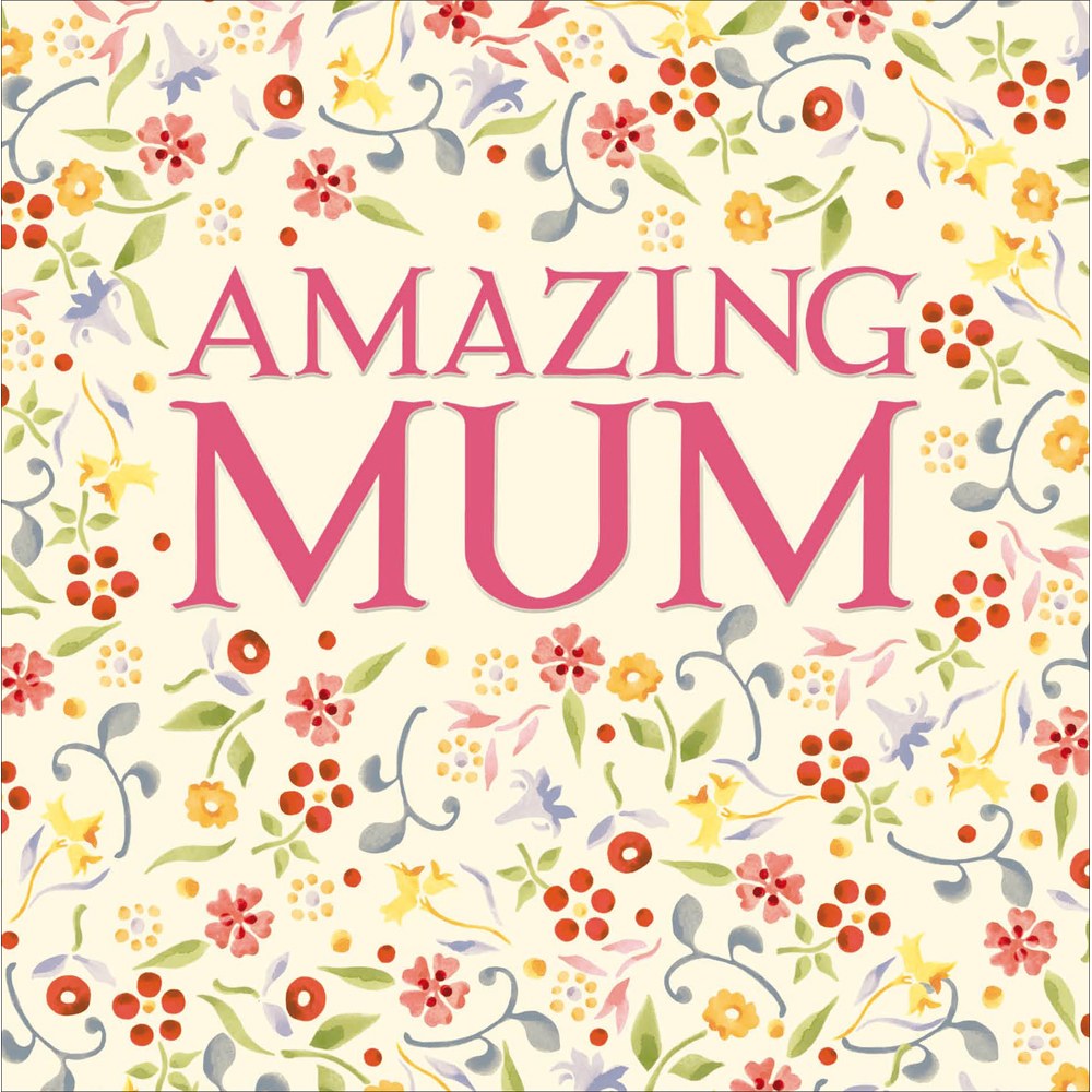 Emma Bridgewater Amazing Mum card with pink lettering on a cream floral pattern