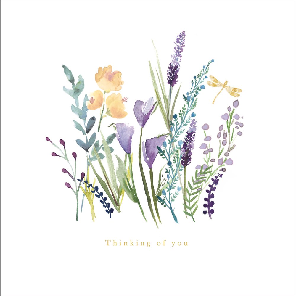Thinking of You card with watercolour wild flowers and a dragonfly