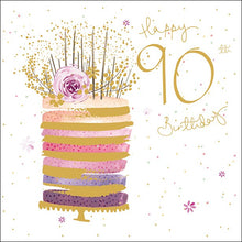 Happy 90th Birthday card with a layered pink and gold cake and candles