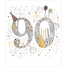 90th birthday card with silver 90 numerals, champagne, candles and balloons