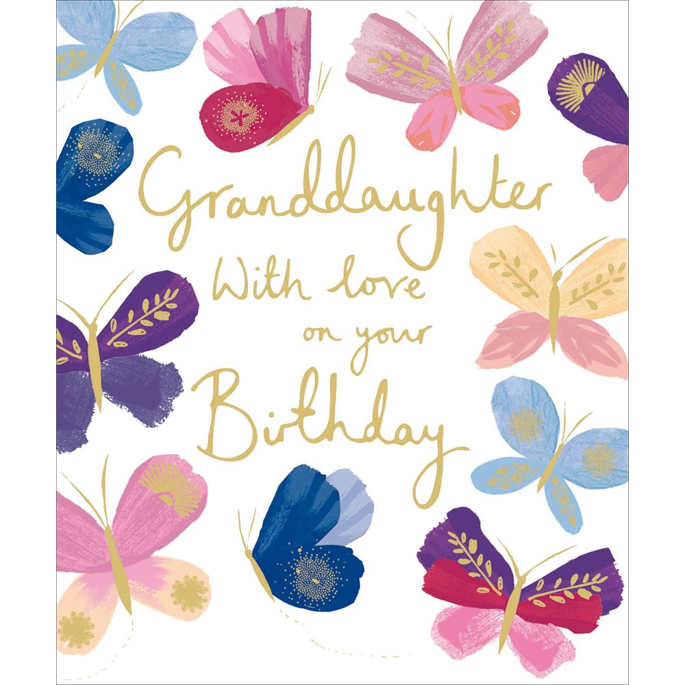 Granddaughter birthday card with colourful butterflies and gold lettering
