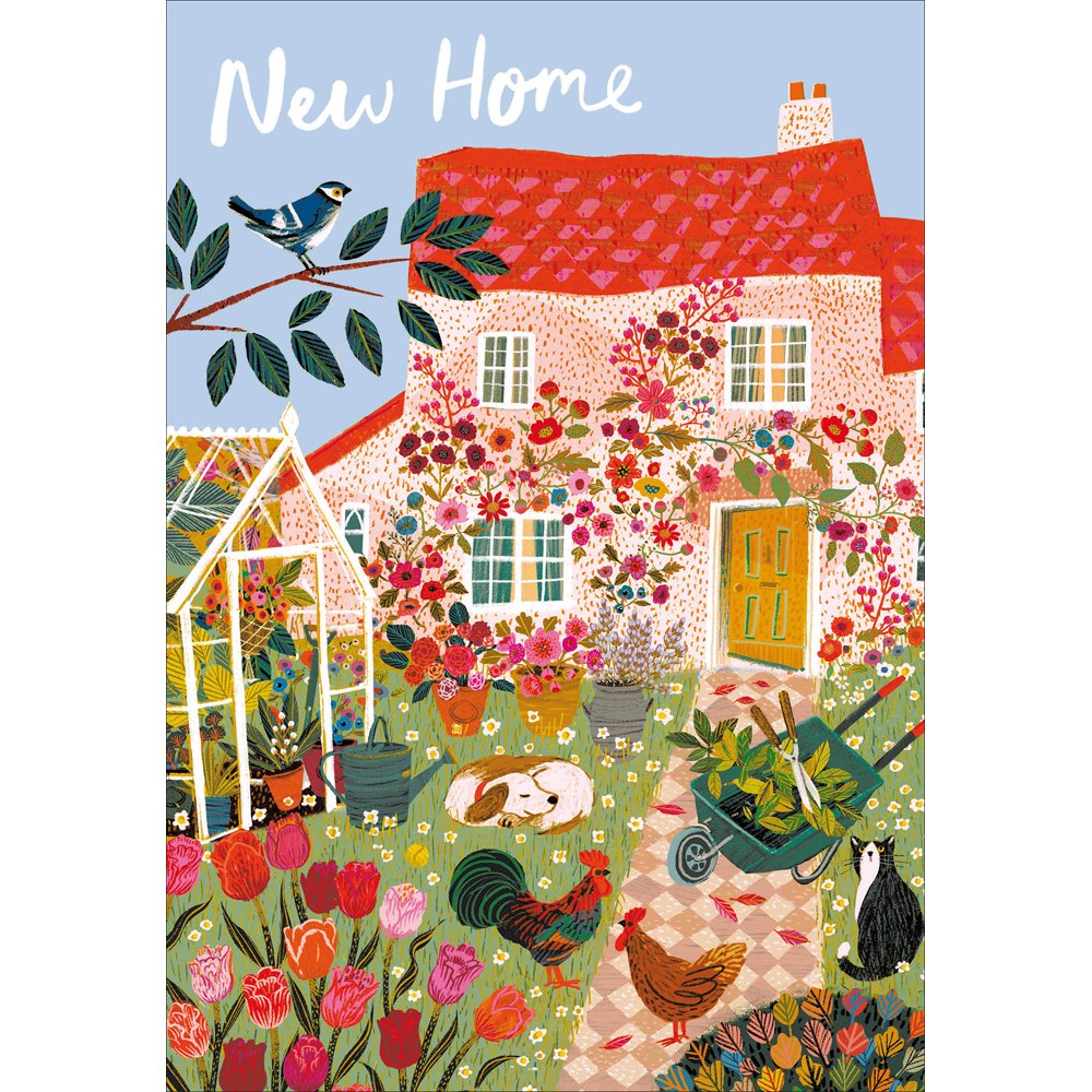 New Home card – illustrated country cottage garden with hens, dog and cat