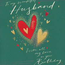 To my Wonderful Husband birthday card – red and gold hearts on teal