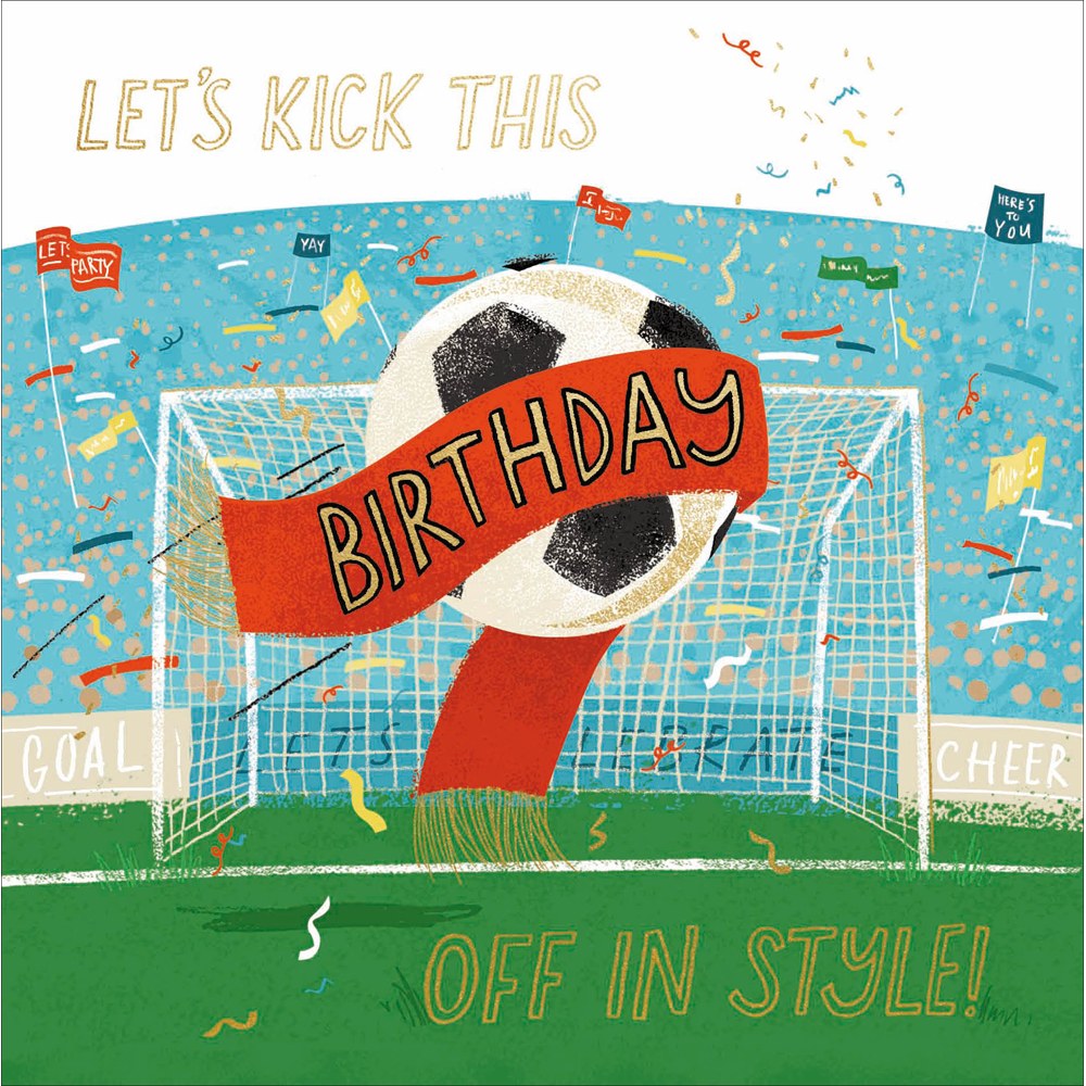Football birthday card – ball and red Birthday scarf flying into the goal