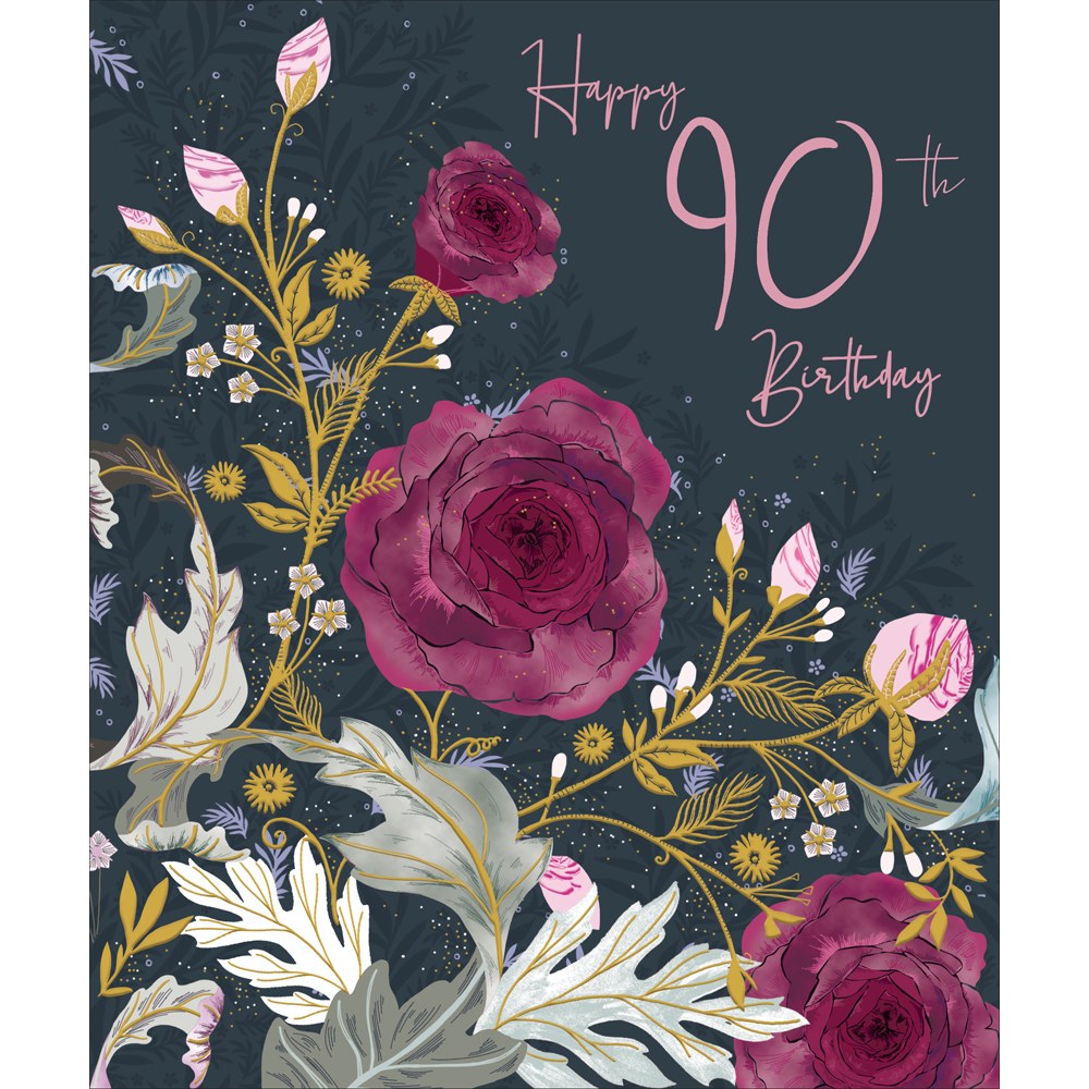 Happy 90th Birthday card with pink roses on a dark background