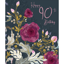 Happy 90th Birthday card with pink roses on a dark background