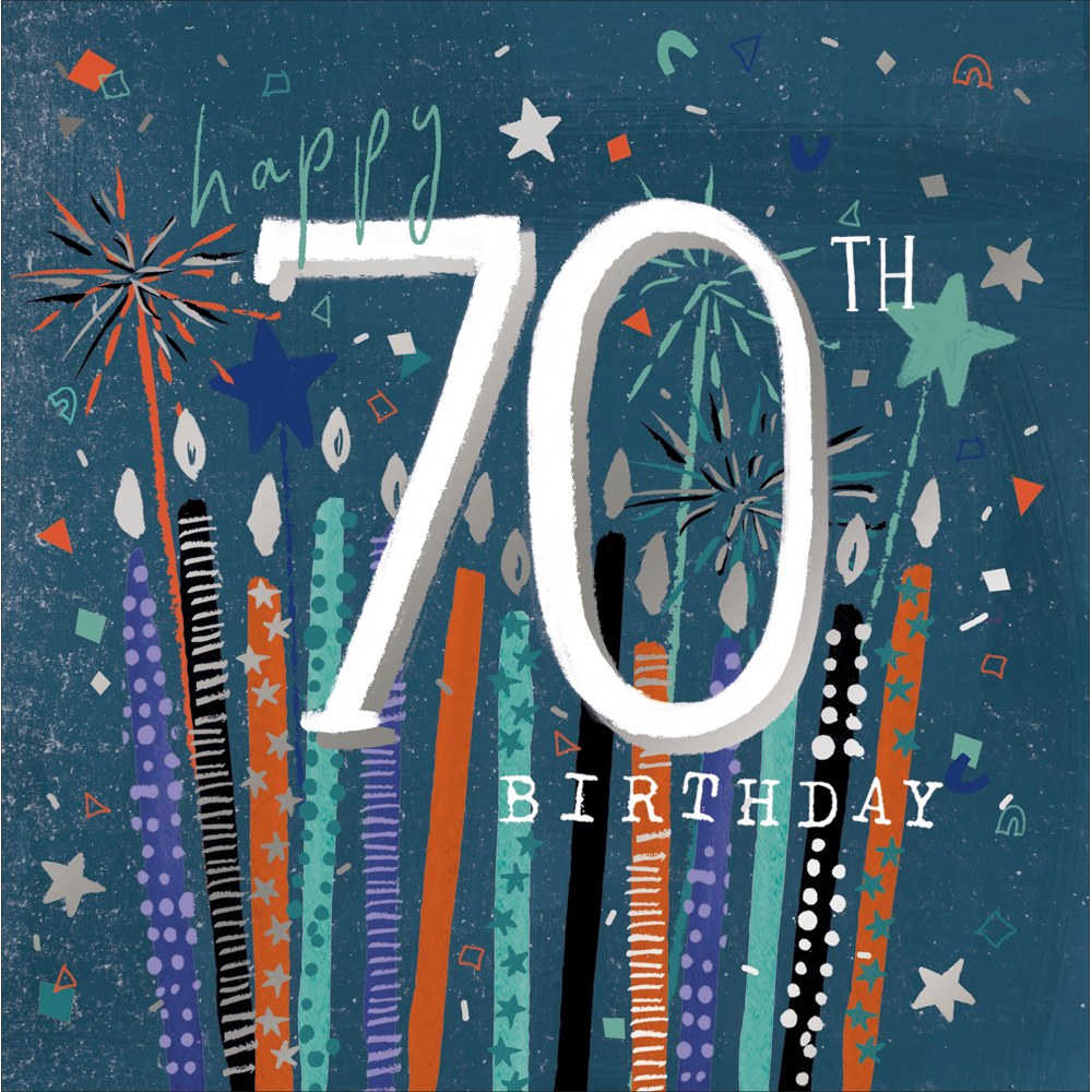 Happy 70th Birthday card – patterned candles and fireworks on navy