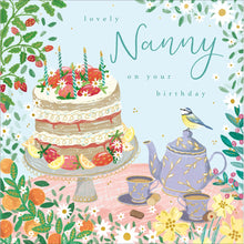 Lovely Nanny birthday card – strawberry cake, lilac teapot and blue tit