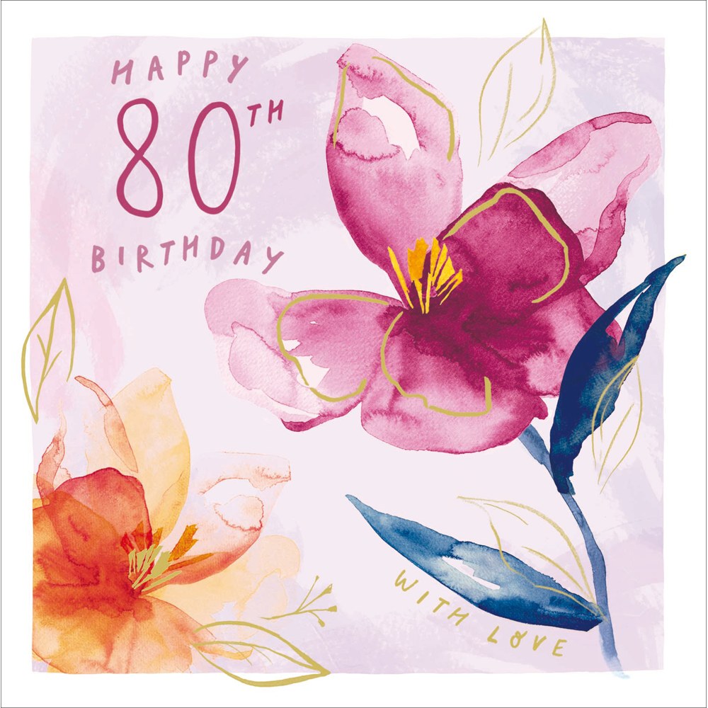 Happy 80th Birthday card with watercolour pink and peach flowers